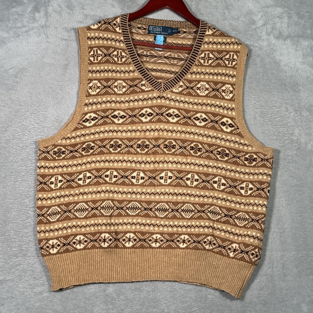 Polo Ralph Lauren Sweater Vest Mens 2XL Brown Cashmere Fair Isle Knit Vintage - Picture 1 of 8